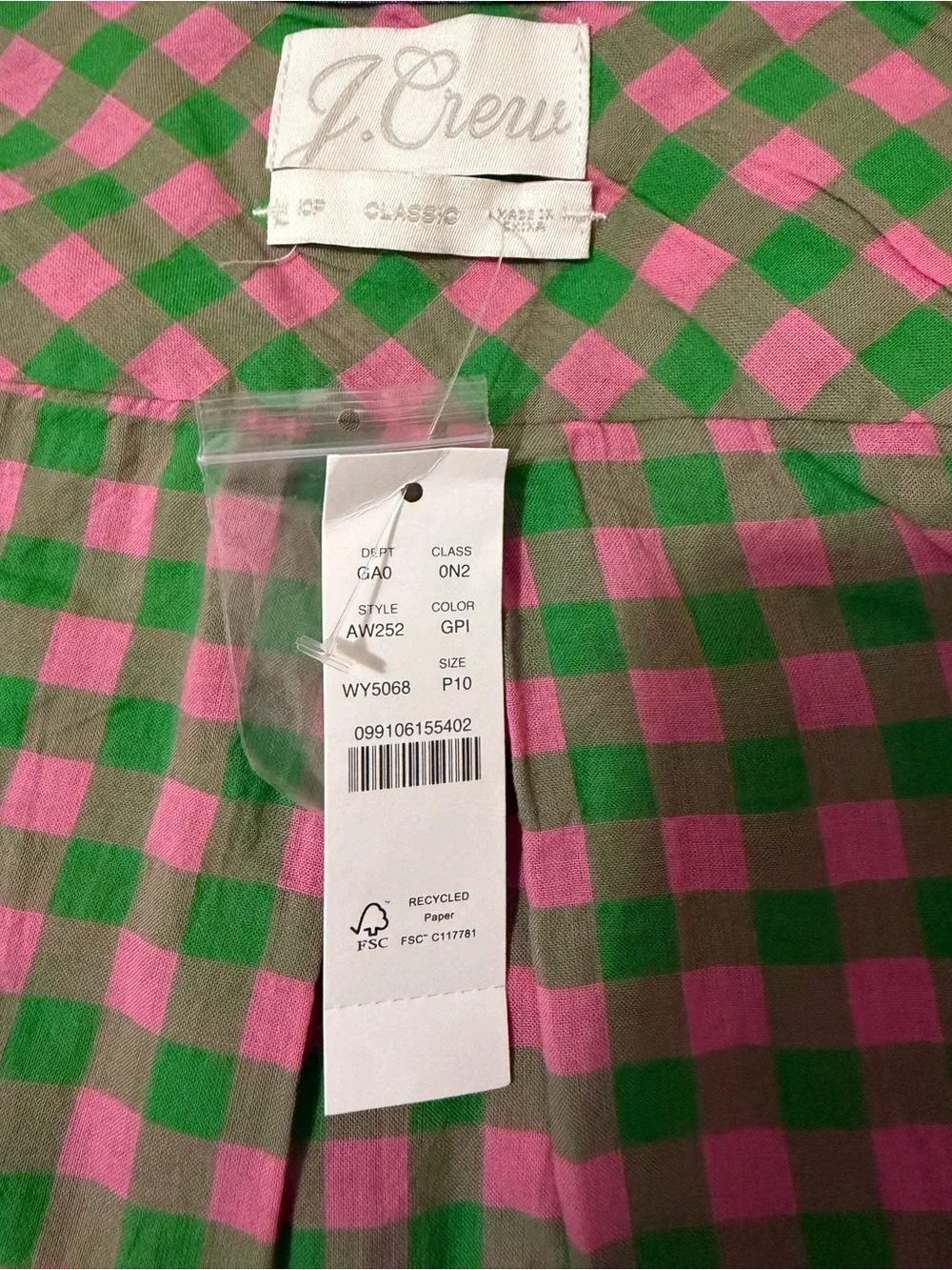 J. Crew Pink and Green Gingham Button-Down Shirt